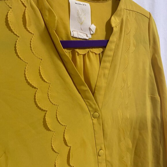 Anthro Meadow Rue Mustard Yellow Scalloped‎ Detail Blouse Size 2 - Picture 3 of 9